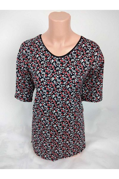 YAŞAR TRİKO Women's Black Red Gray U Neck Short Sleeve Patterned Slit Woven Viscose Mother Combed Cotton T-Shirt