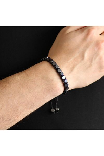 Tesbihane Macrame Braided Hexagonal Prism Design Hematite Natural Stone Men's Bracelet