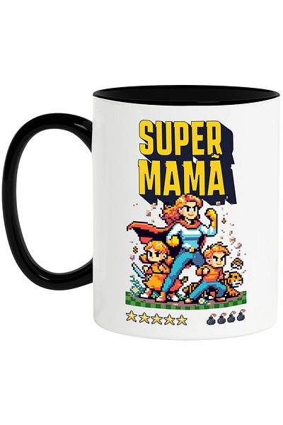 StoryGift Romania Super Mama Mug + pixelart video game family woman, 330ml, Ceramic with Handle Ne, With
