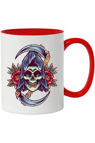 StoryGift Romania Mug With Death, Scythe, Flowers, Leaves, Symmetry, Retro, Multicolor 330 ml, Ceramics, With