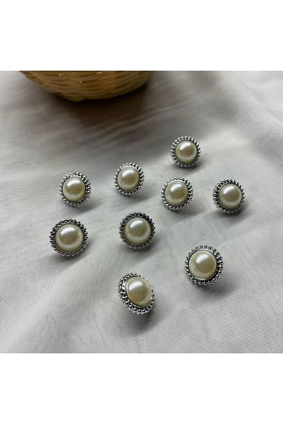 Bukle İplik Large Pearl Detailed Twist Pattern Silver Color Plastic Button with Bottom Stitching 34" Button (12 Pcs)