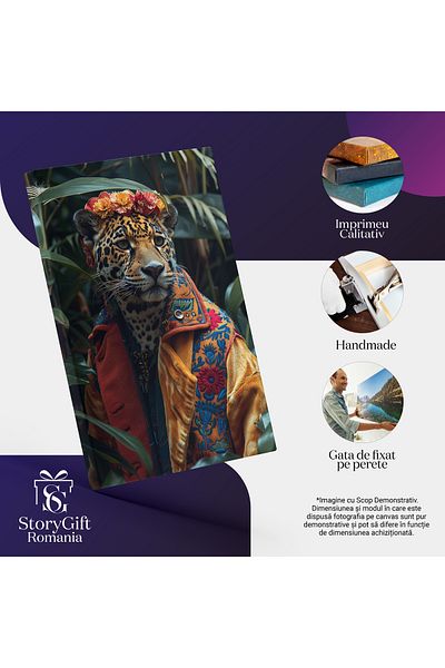 StoryGift Romania Canvas Painting 100 x 70CM Jungle Leopard with Flower Crown and Thick Coat, STG