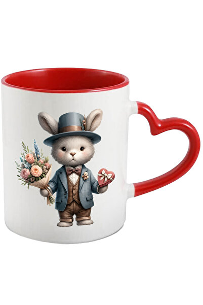 StoryGift Romania Cana Cu Un Iepure La Costum Care Tine Un Buchet Cu Flori Si O Cutie Cu Bomboane , Cu ,stg