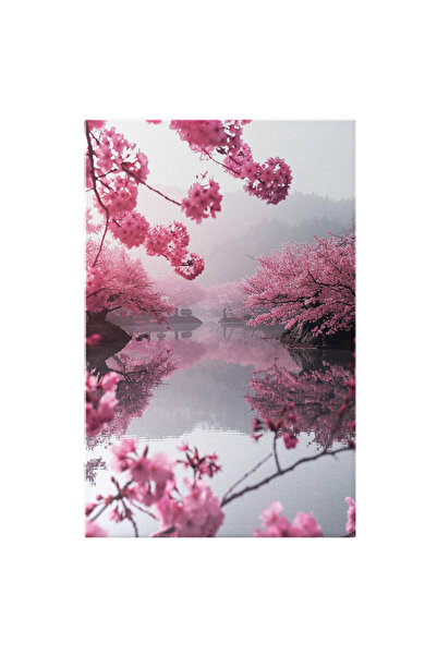 StoryGift Romania Tablou Canvas: Flori De Cireși Pe Crenguțe Și Lac- Fotografie Artistică Și Tonuri Difuze Pictu