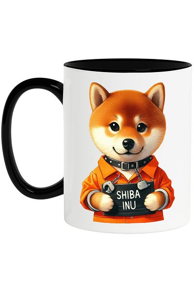StoryGift Romania Mug with a Shiba Inu puppy in prison, illustration, collar, prisoner uniform,, With