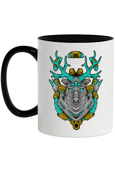 StoryGift Romania Deer Head Mug, Robot, Mecha, Cyberpunk, Horns, Multicolor 330 ml, Ceramic, With