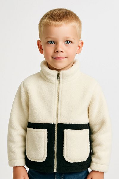 Firststops Boy's Plush Ecru Black Pocket Zippered Welsoft Winter Coat