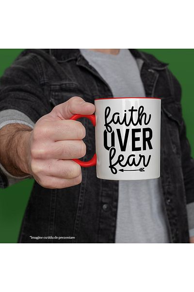 StoryGift Romania Mug with a message urging you to choose faith over fear with a Red Handle, Cu Ma, STG.