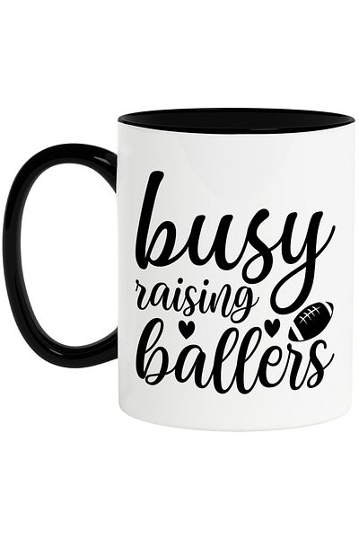StoryGift Romania Mug for a parent of American football players with the message "Busy raising b, Cu