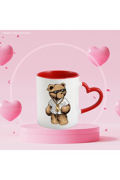 StoryGift Romania Mug With Teddy Bear, Chain, Sunglasses, Earring, Multicolor 330 ml, Ceramic, With ,STG