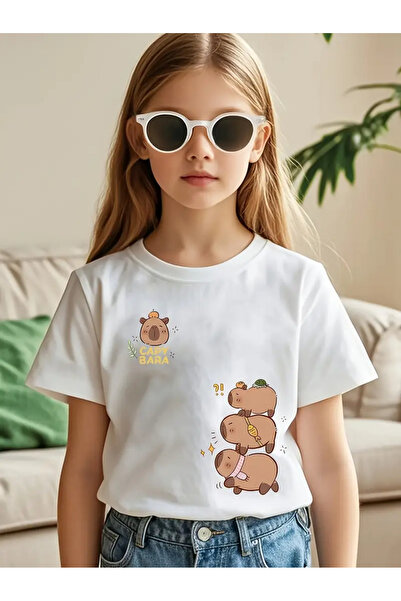 LOUİSA Tricou alb din bumbac pieptănat cu imprimeu CapyBara obraznic pentru fete
