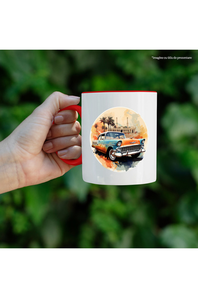 StoryGift Romania Mug With Car, Retro, Vintage, Palm Trees, Circle, Building, Multicolor 330 ml, Wax, With ,STG.
