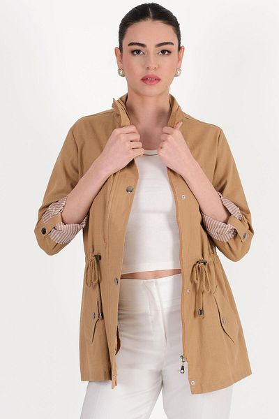 Spazio Oriente Stand Collar Zipper Snap Coat Camel