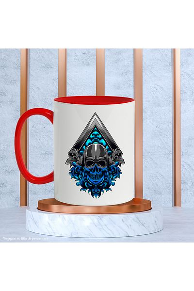 StoryGift Romania Skull Mug, Rhombus, Abstract, Multicolor 330 ml, Ceramic with Red Handle, With R Handle, STG