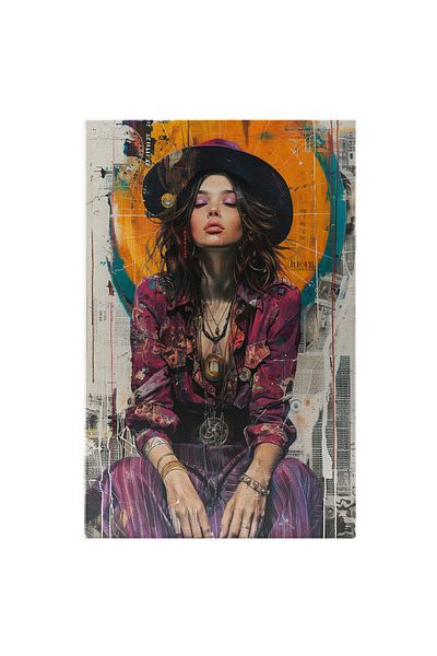StoryGift Romania Tablou Canvas Riddle Girl Cu Palarie Si Jacheta De Blugi Mov In Pantaloni Cu Bratari La Mana S