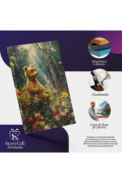 StoryGift Romania Tablou Canvas: Imaginea Unui Urs In Natura Cu Flori Colorate Ce Circula Cu Viteza - Fotogra