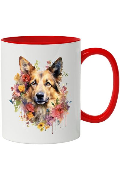 StoryGift Romania Cana Cu Caine, Ciobanesc German, Flori, Frunze, Watercolor, Multicolor 330 Ml, C, Cu ,stg