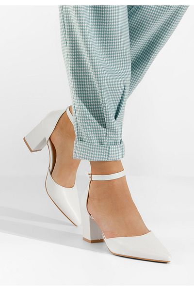 B T Shoes Pantofi Cu Toc Gros Si Bareta Alivila Albi