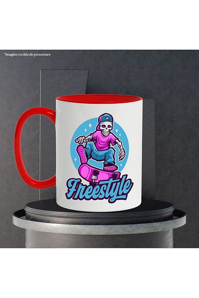 StoryGift Romania Mug With Freestyle Message, Skateboard, Skeleton, Stars, Circle, Multicolor 330 ml, Ce, Cu, STG