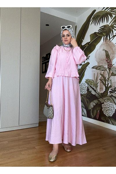 Aselim Hijap Moda Cotton Ruffle Detailed Summer Skirt Suit – Pink