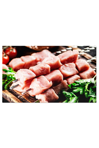 StoryGift Romania Tablou Canvas Gustare Deosebita Pentru Gratar Kebab De Porc Crud Pe O Placa De Taiat, Pregatire
