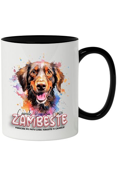 StoryGift Romania Mug With Message Smile, Love, Dog, Watercolor, Multicolor 330 ml, Ceramic c, With