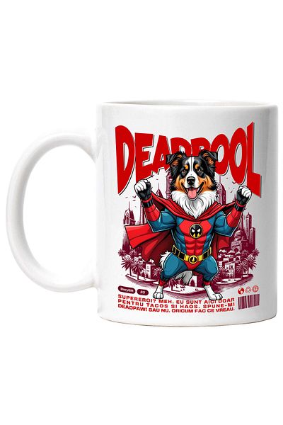 StoryGift Romania Cana Cu Ciobănesc Australian / Australian Shepherd Caine In Costum De Deadpool C, Cu ,stg