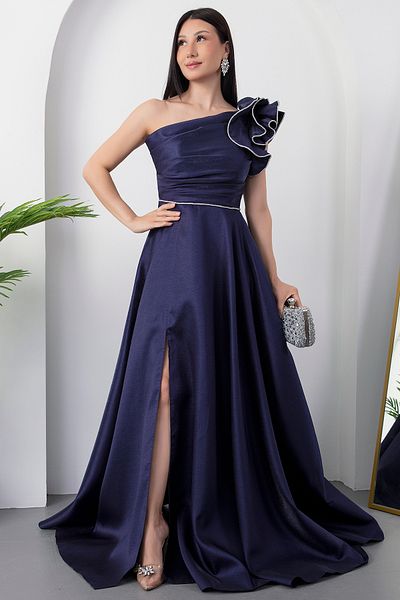 PULLIMM One Shoulder Chest Gathered Slit Evening Dress Ecr5579