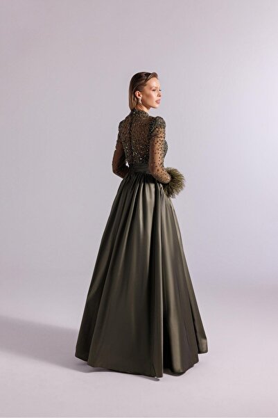 Kenzel Transparent Sleeve and Shoulder Feathered Evening Dress