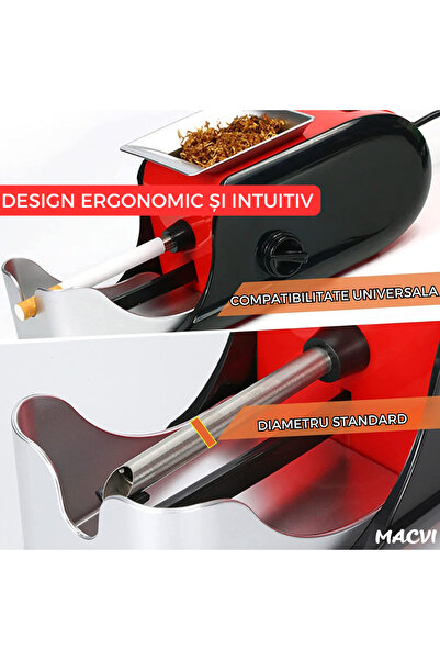 MACVI Macvi® Electric Cigarette Maker, 3 Grinding Levels, Tobacco Injector, Red/Black