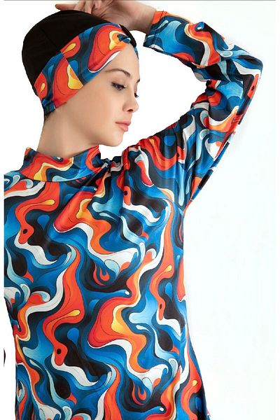 tusem butik homewear Women's Full Hijab Black Orange Patterned Quick Drying Long Sleeve Tights Bonneted Swimsuit