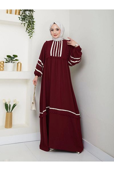 EFSUN MODA Women's Taupe Lace Ribbon Dress Burgundy 681