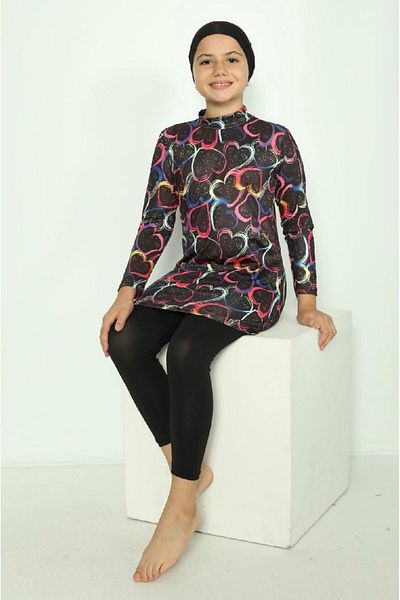 tusem butik homewear Girl's Black Color Heart Patterned Water Repellent Quick Drying Long Sleeve Tights Boned Swimsuit