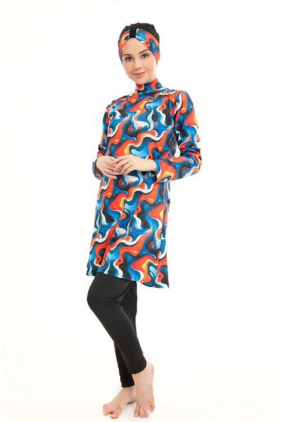 tusem butik homewear Women's Full Hijab Black Orange Patterned Quick Drying Long Sleeve Tights Bonneted Swimsuit