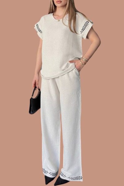 mefru Bluză de damă, pantaloni, mâneci și picior brodate, partea de jos, partea de sus, set de lenjerie din două piese