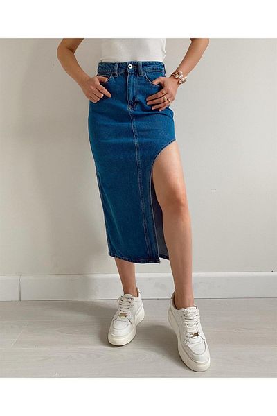 VivaJoy Fusta maxi din denim cu talie înaltă, albastră, cu fantă adâncă