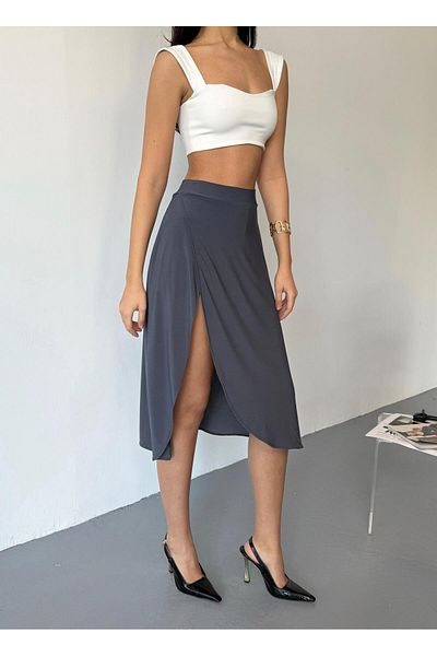 MEBA Women's Sandy Fabric High Waist Slit Midi Length Short Skirt with Inner Pocket Shorts, Flared Skirt