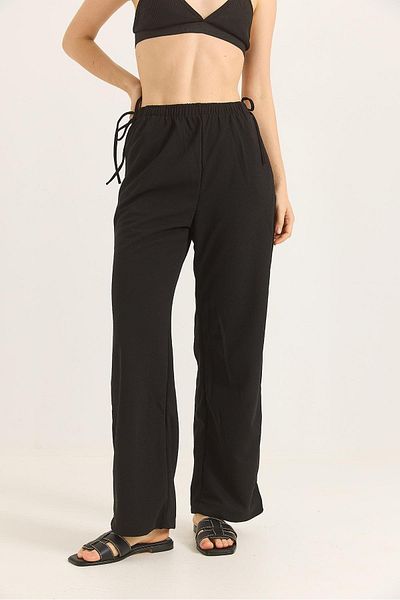 Raneel Kazançlı Alışveriş Wide Leg Trousers with Rope Detail on the Sides, Black