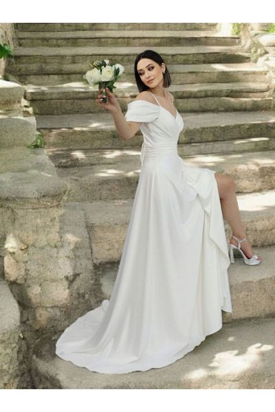 FaBe Fashion Double Breasted Neckline Rope Strap Off Shoulder Slit Back Lace up Satin Outdoor Shooting and Wedding Dress