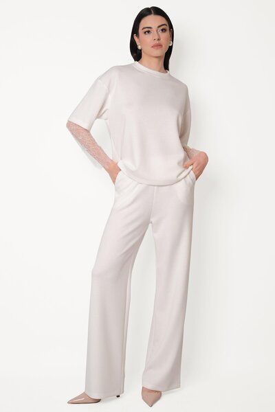 Spazio Persilio Beli Lastikli Bol Paça Pantolon EKRU