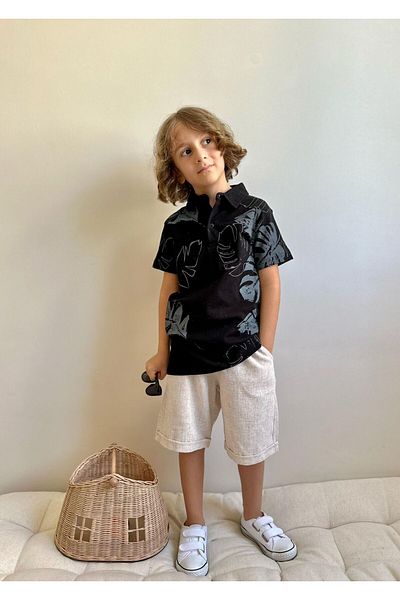 patriko tekstil Boy's 2-Piece Summer Suit Polo Collar Thick Leaf Patterned Tee & Linen Shorts (3-12 Years)