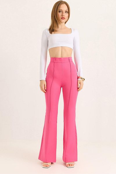 Raneel Kazançlı Alışveriş High Waist Checked Flared Trousers Pink