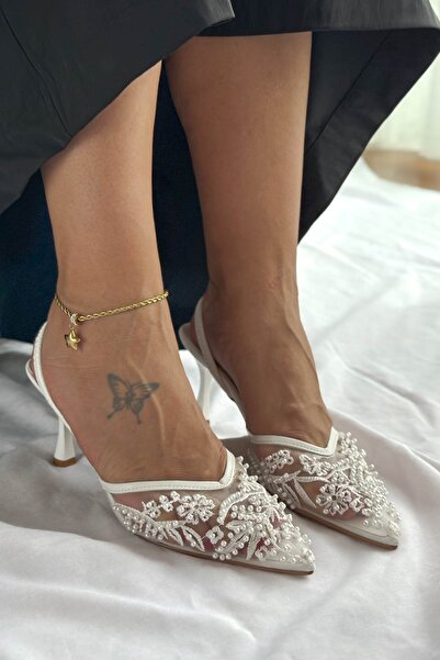 Shoebutik Wedding White Tulle Pearl Embroidered Heeled Women's Stiletto