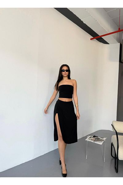 MEBA Women's Sandy Fabric High Waist Slit Midi Length Short Skirt with Inner Pocket Shorts, Flared Skirt