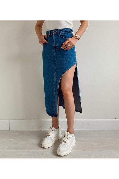 VivaJoy Fusta maxi din denim cu talie înaltă, albastră, cu fantă adâncă
