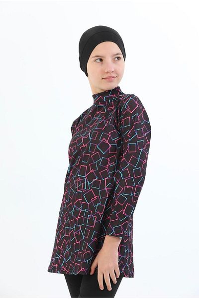 tusem butik homewear Girl's Black Colorful Square Patterned Water Repellent Quick Drying Long Sleeve Tights Boned Swimsuit