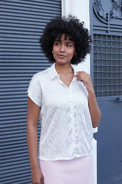 Jument Women's Collared Off-Shoulder Short Sleeve Stylish Shirt-Cream
