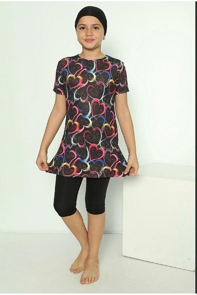 tusem butik homewear Costum de baie cu mânecă scurtă Capri cu mâneci scurte, cu model de inimă, de culoare neagră, pentru fete