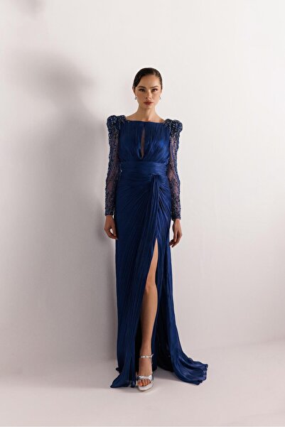 Kenzel BÜYÜK BEDEN KOLLARI DANTEL TAŞLI PLİSELİ ABİYE ELBİSE