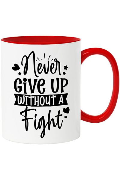 StoryGift Romania Mug with hearts and the message "Never give up without a fight" with Red Handle, Cu Ma,STG